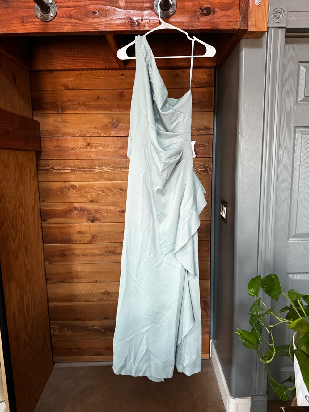 Xscape One-Shoulder Ruffle Gown in Sage Green